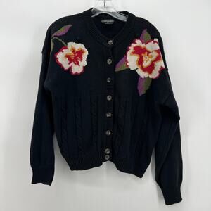 Vintage Counterparts Women’s Black Floral Knit Cardigan Sweater Large Cropped